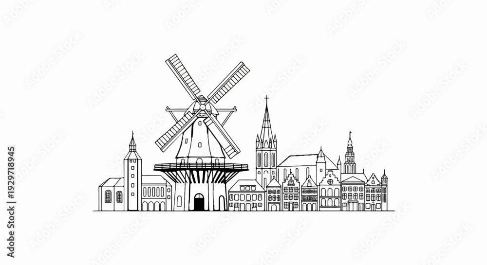 Obraz premium Line art depiction of a European town skyline featuring a large windmill and various historic buildings