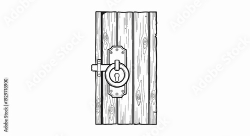 Rustic wooden door with a large, circular metal latch and lock mechanism