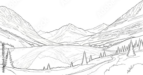 A stark line drawing depicts a serene mountain lake reflecting the surrounding rugged peaks