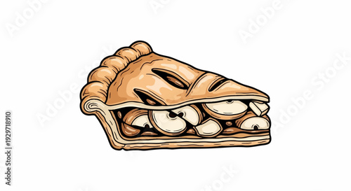 A slice of golden-brown baked pie, revealing layers of sliced fruit within