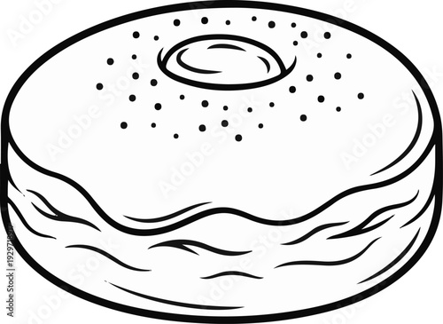 A black and white line drawing of a round pastry with a hole in the middle, topped with dots