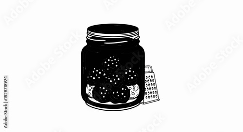 A jar of dark, round treats with a grater beside it on a white background