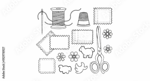 Sewing supplies with needle, thread, thimble, scissors, and decorative shapes
