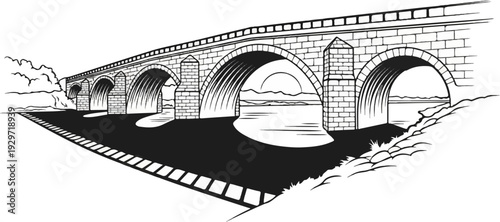 Stone arched bridge with sunset over water and rolling hills, on a road