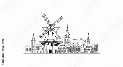 Line art depiction of a European town skyline featuring a large windmill and various historic buildings