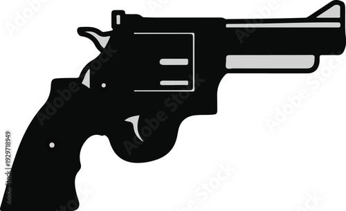 Silhouette of a black handgun with minimal grey accents, isolated on white
