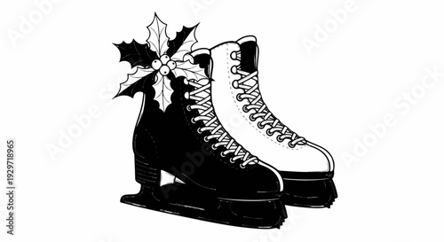 Black and white illustration of two ice skates with holly sprigs adorned