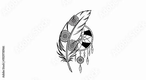 Stylized feather with dream catcher elements and intricate circular patterns