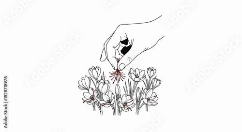 Hand plucking saffron stigmas from crocus flowers in a field