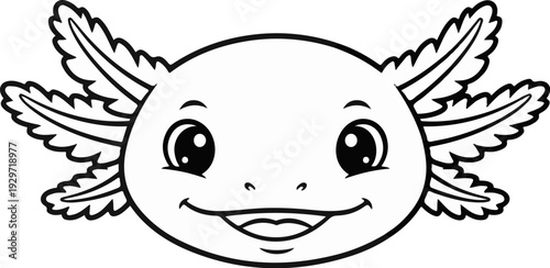 A charming, wide-eyed axolotl face with feathery gills and a big smile