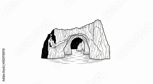 Stylized black and white illustration of a rocky sea arch with water