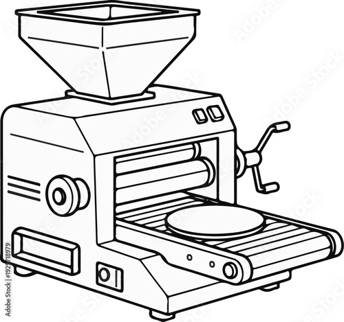 A drawing of an industrial dough press machine with a hopper and conveyor belt