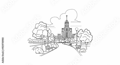 A stylized drawing of a grand building with a spire and surrounding parkland
