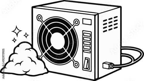 Clean computer power supply unit with fan, sparks, and dust cloud