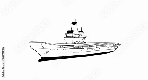 An outline illustration of a large modern aircraft carrier at sea