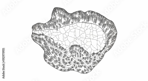 Whimsical stylized overhead view of a park with a winding path and a central pond