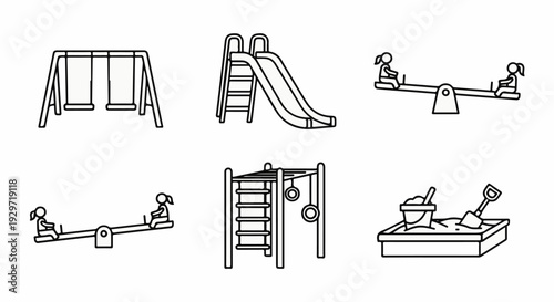 Six simple line drawings depict various playground equipment and activities
