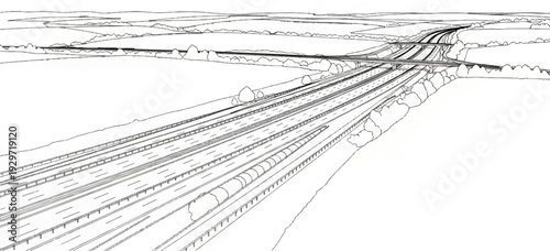 Expansive network of elevated roads and overpasses cutting through rolling countryside