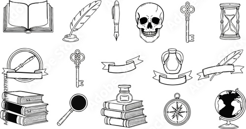 Collection of vintage writing, timekeeping, and discovery elements