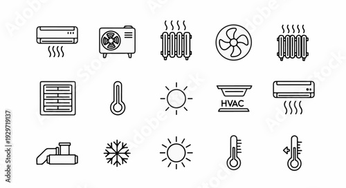 Climate control icons including air conditioners, heaters, thermometers, sun, and snowflake