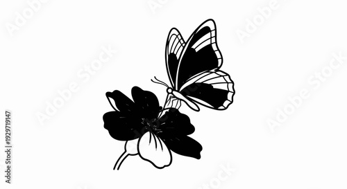 Black and white illustration of a butterfly perched on a flower with dark petals