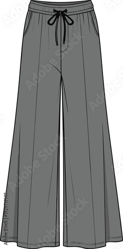 Women grey wide leg lounge pants with elastic drawstring waist, cozy palazzo sweatpants template, technical fashion flat sketch, cad drawing flat vector illustration.
