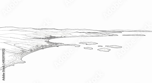 A coastal town nestles along a bay with rolling hills and scattered islands