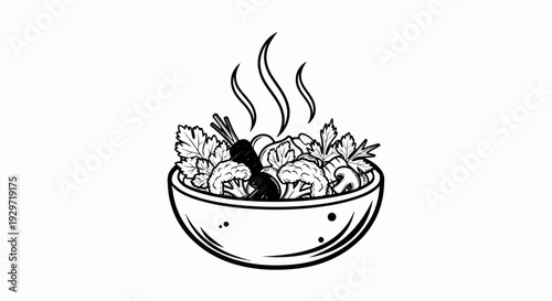 Steaming bowl filled with assorted fresh vegetables and herbs
