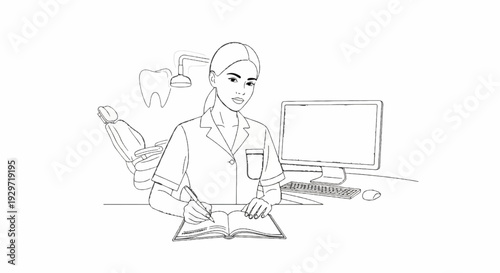 A dentist sits at a desk, writing in a book, with a computer, chair, and tooth model