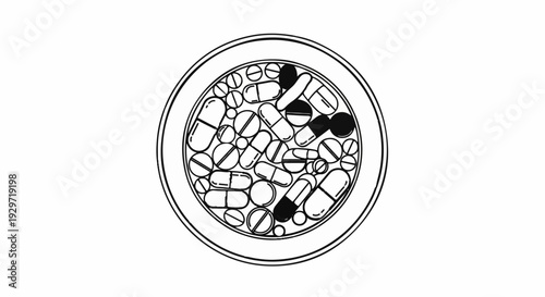 Circular container filled with various pills and capsules, some shaded black