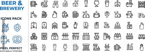 Beer and Brewery Production Outline Vector Icon Set — Craft Brewing Equipment and Beverage Manufacturing Editable Stroke Icons for Packaging and Web