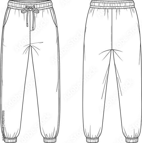 Women cozy jogger sweatpants with elastic drawstring waist, athletic gym track pants template, technical fashion flat sketch, cad drawing flat vector illustration.