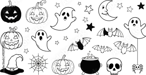 Spooky Halloween graphic elements pumpkins, ghosts, bats, moon, stars, hat, spiderweb, cauldron, skull, spider