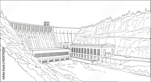 Vast dam holding back water, with powerhouses and rugged cliffs