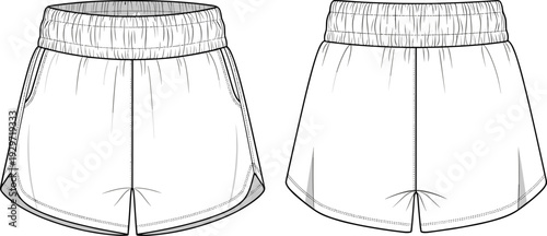 Women high waisted gym shorts with elastic waistband, athletic running sports shorts template, technical fashion flat sketch, cad drawing flat vector illustration.