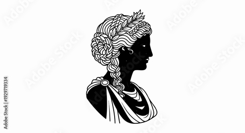Profile silhouette of a woman with ornate braided hair and laurel crown