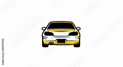Stylized rear view of a yellow car with black accents and a license plate