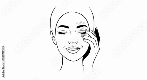 Black and white line drawing of a woman applying makeup near her eye