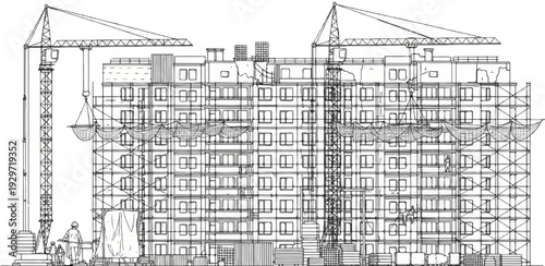 Black and white sketch of a tall building under construction with cranes and scaffolding