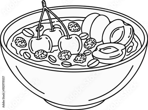 A bowl of oatmeal with cherries, sliced plums, raisins, and nuts