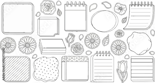 A collection of line art elements including flowers, notebooks, and decorative shapes for journaling