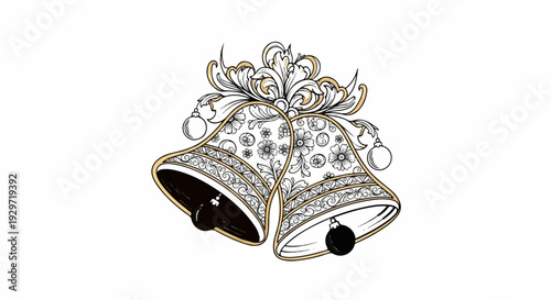 Ornate bells adorned with floral patterns and hanging baubles, with a decorative flourish