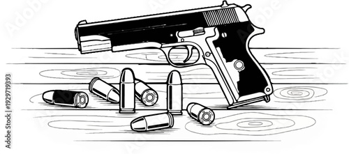 Black and white illustration of a pistol with scattered bullets on a wooden surface
