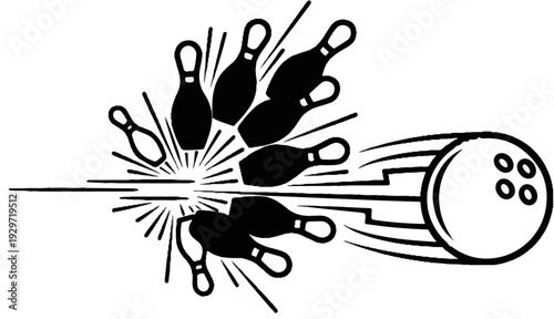 A bowling ball striking pins, scattering them outwards with dynamic motion lines