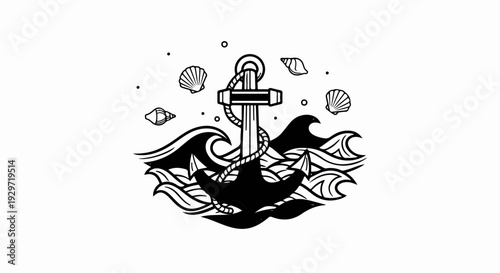 Vintage nautical anchor graphic with waves and seashells
