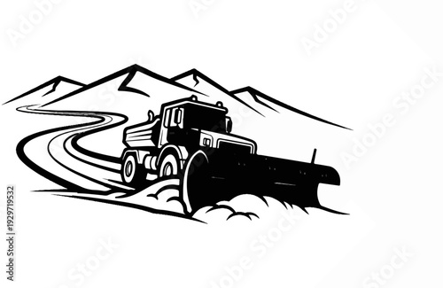 Snowplow clearing a winding mountain road with stylized peaks in background