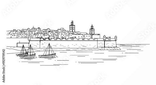 Sketch of a fortified coastal city with sailboats in the water
