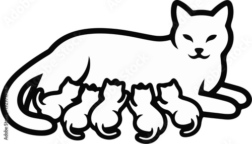Mother cat with kittens, simplistic black and white line art