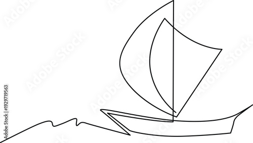 A simple line drawing of a sailboat navigating through wavy waters. Vector
