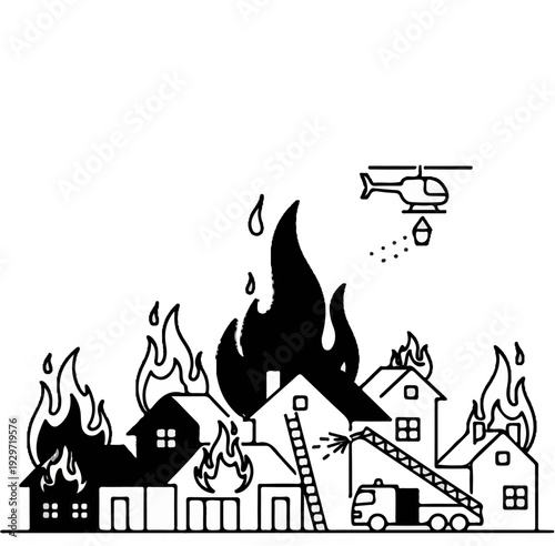 Houses engulfed in flames, a ladder and truck spray water, helicopter drops water